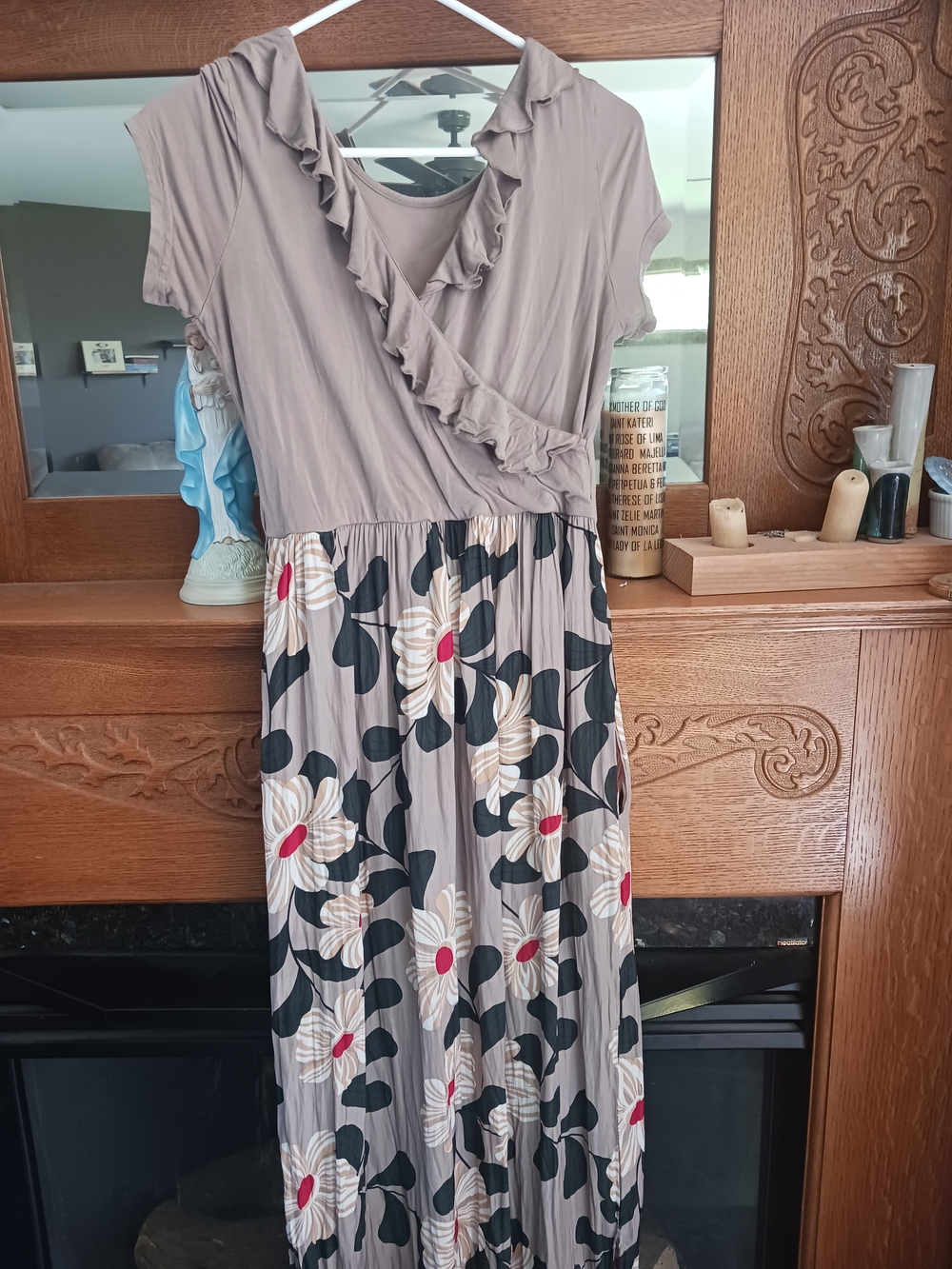 Latched Mama Taupe Maxi Dress with Floral Skirt and Ruffle Wrap Bodice